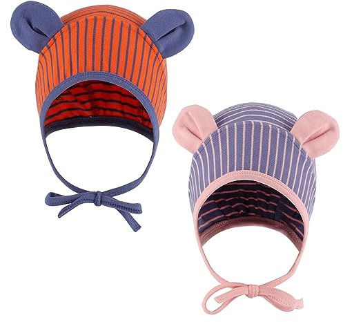 LACOFIA Neugeborene Baby Jungen Mädchen Mütze Kleinkind Weiche Baumwolle Beanie Hut Baby Earflap Winddicht Bär Mütze 2 Stücke Orange Streifen+Blaue Streifen 0-9 Monate S