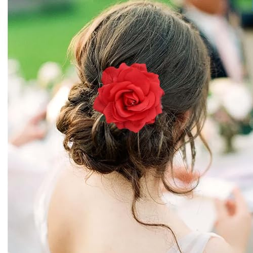 TseenYi Rote Rose Blume Haarspange Kopfstück Große Rote Blume Haarspange Rot Floral Clip Boho Rose Haarnadel Brosche Braut Hochzeit Kopfstück Kopf Clip Zwei-Wege-Schmuck Für Frauen Und Mädchen
