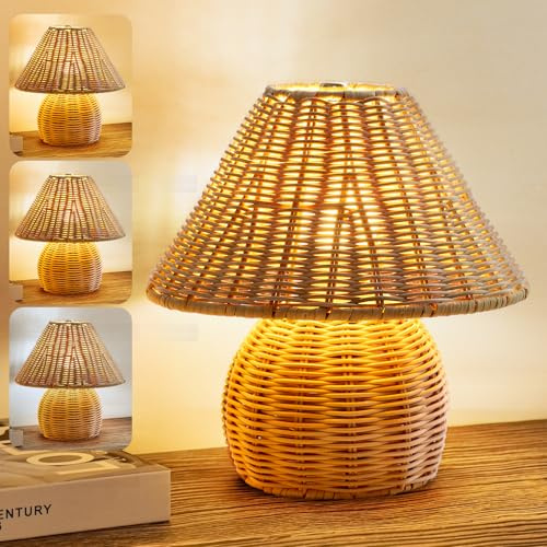 WERFOP Bamboo Table Lamp Handmade Boho Rattan Bedside Lamp,3 Colors Adjustable Vintage Wicker Wooden Nightstand Lamp with E26 Bulb for Bedroom Living Room Desk Entrance