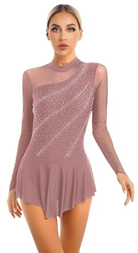 Freebily Damen Eiskunstlauf Kleid Langarm Mesh Eislaufen Ballettkleid Tanz Trikot Mit Strass Glitzer Gymnastikanzug Skating Kleid Altrosa L