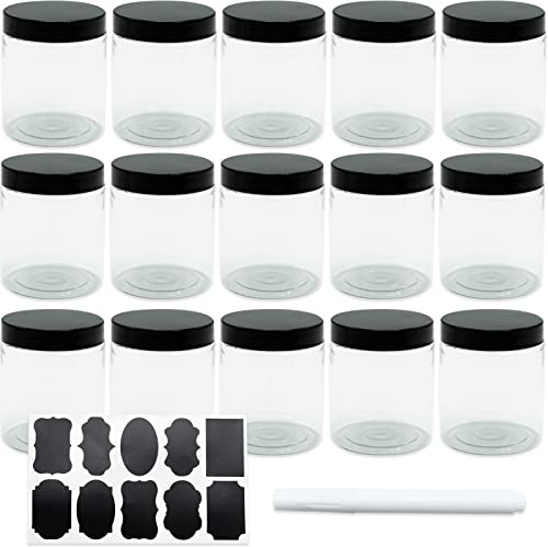 REBECASKYENS 15 Pack 8 Oz 250ml Round Clear Reusable Plastic Jars with Black Lids, Wide-Mouth Bpa Free Refillable Empty Storage Jars for Beauty Products, DIY Making