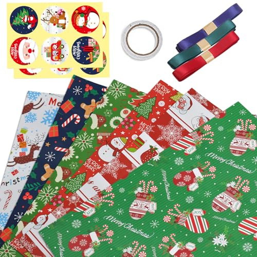 MORAINJAY 6 Feuilles Papier Cadeau Noel,50x70cm Recyclable Papier Emballage Cadeau avec Ruban,Autocollants,Ruban Adhésif,Papier Cadeau de Noë Décoration pour Noël,Nouvel An, Fêtes(A)