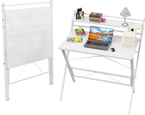 PIPIPOXER 80x50cm Schreibtisch Klappbar, Klappbarer mit Regal, Schreibtisch Klappbar mit Monitorständer, Klapptisch Home Office, PC-Tisch Große Größe, Weiß
