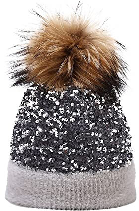 Warme Strickmütze für Damen, für den Außenbereich, gefärbter Waschbär mit Pailletten, Ohrenhut im Winter, Herrenkappen, GY1, Einheitsgröße