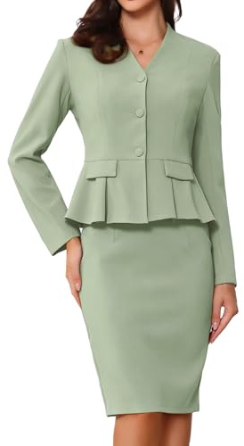 Allegra K Conjunto de 2 piezas de traje de negocios para mujer, manga larga, sin cuello, peplum, blazer, faldas lápiz, Verde guisante., M