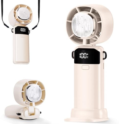 Mini ventilateur portatif, portable, avec écran LED, rechargeable, petite batterie, réglable à 180°, pour l'extérieur, blanc