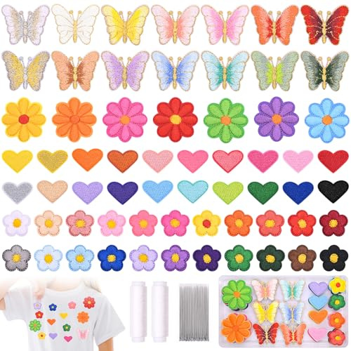 Nadisean 97 Piezas Parches Ropa Termoadhesivos Set, DIY Parches Para Ropa Niños, Pegatinas Bordados Contiene 25 Agujas de Coser/2 Rollo de Hilo de Coser Blanco, para Camiseta, Bolsas, Pantalon, Jeans