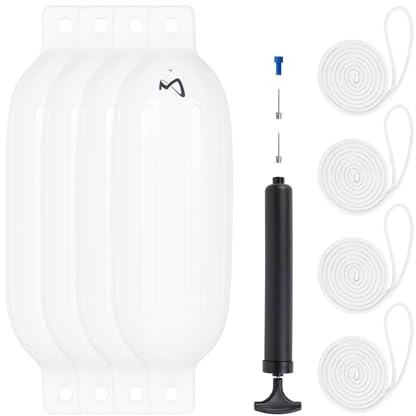 Mesle Fender Boot Dura 4er Set mit Leine & Pumpe, ø 11 cm | 40 cm lang, Langfender aufblasbar, Bootsfender, Fender Schiff Yacht Schlauchboot