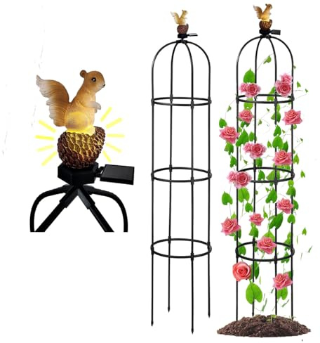 Traliccio a obelisco da giardino per piante rampicanti all'aperto, traliccio rotondo con testa di scoiattolo con sensore automatico, luce solare, supporto per piante di pomodoro per aiuole rialzate
