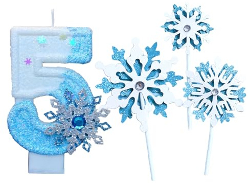 Glitzernde Zahlenkerze 5 mit Schneeflocken Deko, Geburtstagskerzen Zahlen, Geburtstagskerze für Mädchen 5 Kinder, Blue White Frozen blau-weiße Eiskönigin Kuchen Kerzen Topper Geburtstagsdeko