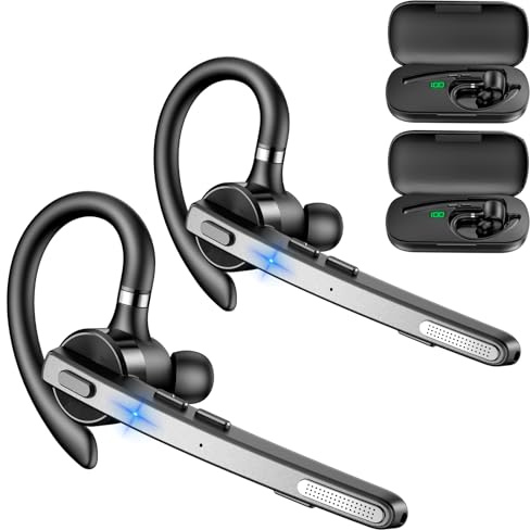 New Bee 2 Pack Bluetooth Headset V5.1 72H Talktime Wireless Bluetooth Earpiece for Cellphone with 500mah Charging Case Dual Mic Noise Cancelling Hands-Free for Office Driver (2)