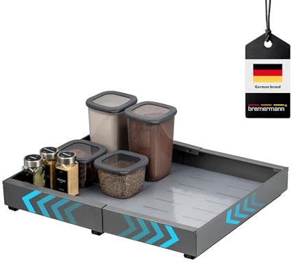 bremermann Teleskopschublade mit Einlegeboden, ausziehbar, verstellbare Breite von 31-51 cm, Auszugschienen zum Kleben oder Bohren Küchenschublade zum Nachrüsten, aus schwarzem Metall (Grau)