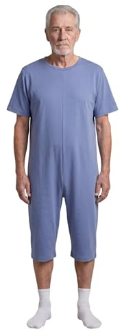 Confezioni_Emy Pyjama intégral médical été unisexe – Grenouillère adulte coton 100% à manches et jambes courtes – Pyjama dos zip seniors – Taille L - Uni Bleu Ciel
