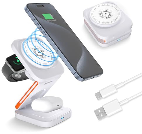 AIRIX 3-in-1 Wireless Charging Station for MagSafe, Compatible with iPhone 17/16/15/14/13/12 Pro/Max/Plus/Air, AirPods, Apple Watch, Compact Portable Travel Dock for Apple Devices