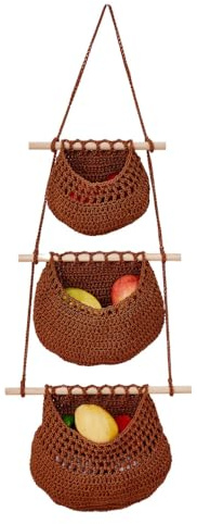 DONGKER Corbeille a Fruits Suspendue,Panier a Légumes Mural Tissé a 3 Niveaux pour Cuisine,Salle de Bain,Chambre,Balcon,Pièces de Rangement