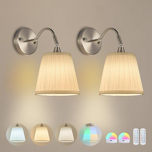 DSJK Battery Operated Wall Sconce Set of 2 Pleated Gauze Brushed Nickel | Wireless Wall Light with Remote Control,RGB 15 Colors,Dimmable,Rechargeable Bulb,Cordless Wall Lamp for Bedroom Living Room