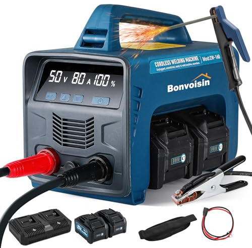Bonvoisin Poste à Souder Sans Fil MMA 160A, Alimenté par Batterie Lithium avec 2×8000mAh, Onduleur IGBT, Écran LED, avec Fonctions Démarrage Chaud, Arc Force et Antiadhésif (EU)