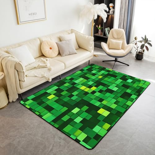 Manfei Pixelated Blocks Miners Kids Area Rug,Video Games Gamer Gamepad Indoor Floor Mat Entrance Rug for Girls Boys,Geometric Grid Patchwork Non Slip Rug,Green Couch Living Room Decor,3'x5'
