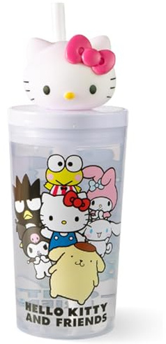 Hello Kitty Gobelet à paille pour enfant, 425 ml, avec couvercle, sans BPA et adapté aux boissons gazeuses, grand gobelet pour boissons froides, pour l'école, la maternelle, le sport et les excursions