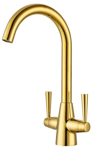 Peppermint Gold Kitchen Tap Dual Lever with Glossy Lustre 360° Rotatable | Rust-resistant Brass with Leak-proof Cartridges, Monobloc Kitchen Sink Mixer Taps for Luxury Retro Style, Easy 1 Hole Install