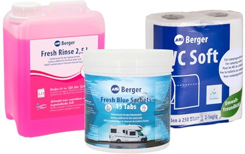BERGER Sanitär-Set für Campingtoilette | Camping WC Zusatz mit Sanitärflüssigkeit & Toilettenpapier | Verhindert Verstopfungen & Gerüche | Ideal für Mobile Chemietoiletten