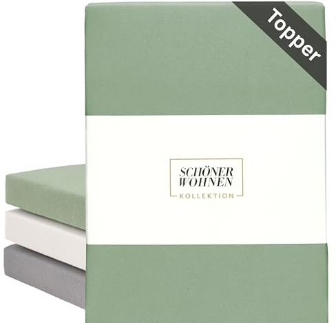 SCHÖNER WOHNEN Topper Spannbettlaken 180x200cm Grün bis 200x200cm - Luxus Topperbettlaken aus Jersey-Baumwolle Öko-Tex Bed Sheets - für Flache Matratzen 5-15 cm hoch - Spannbetttuch 180 g/m²