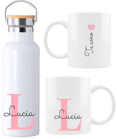 Taza Personalizada con inicial y nombre opcion de añadir Botella Térmica personalizada 500ml, con Dedicatoria Opcional, regalo dia de la madre, profesoras... (ROSA)