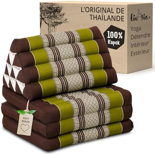 livasia Coussin thaï à 3 Blocs - 175x50x8cm - Coussin Triangulaire avec Matelas Pliable, Coussin en biseau kapok, Coussin de Soutien Dorsal Pliables, Tapis thaï Pliable, Fait Main (Marron/Vert)