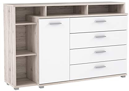 FORTE Beach Kommode mit 1 Tür, 4 Schubladen und offenen Fächern, Holzwerkstoff, Sandeiche/Weiß, 153,1 x 99,8 x 41,3 cm