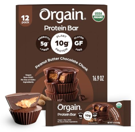 Orgain Organic Vegan Protein Bars, Peanut Butter Chocolate Chunk - 10g Plant Based Protein, Low Calorie Healthy Snacks, No Lactose or Soy Ingredients, Gluten Free, Non-GMO - 1.41 Oz (Pack of 12)
