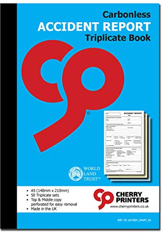 Cherry Printers Carbonless Accident Report Triplicate Book A5 | 3 Part | 50 Sets | Perforated Top & Middle Copy | Workplace Health & Safety Documentation | Incident Record Log