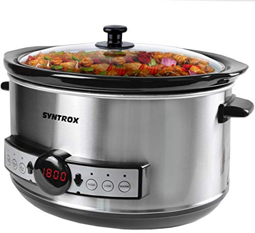 Syntrox Germany - Pentola Slow cooker per cottura lenta, in acciaio inossidabile, con display digitale a LED, timer e funzione per il mantenimento della temperatura, 4,5 litri