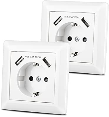 Sasudose x USB-Steckdose Unterputz-System 55 reinweiß glänzend weiß passt in handelsübliche Unterputzsteckdose, Schutzkontakt-Schuko-Wandsteckdose für USB-Anschluss Smartphone MP3 Tablet