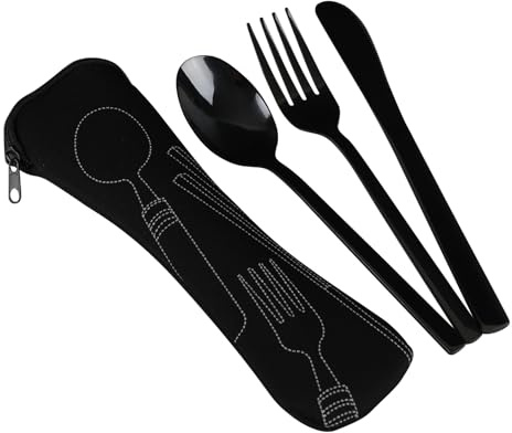 Ucake Noir Portable Set de Couvert, Set Couverts Voyage Camping Picnic Inox, 3 Pièces pour 1 Personne