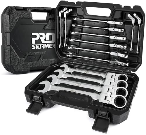 Prostormer 14-Piece Metric Flex-Head Ratcheting Wrench Set, 6-19mm Combination Wrench Kit with Storage Case, 72 Tooth, Cr-V Steel Constructed
