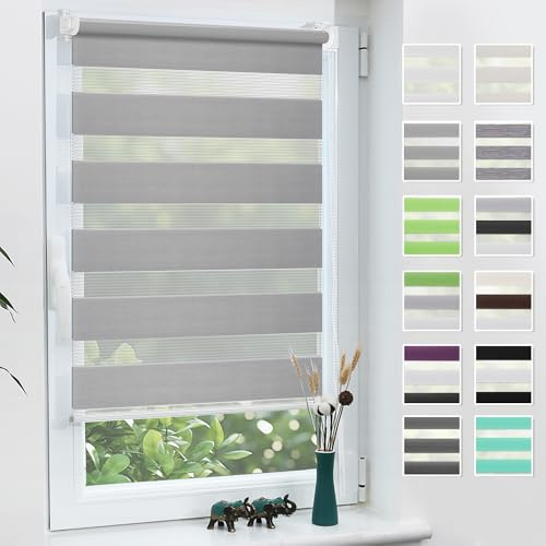 Grandekor Doppelrollo Klemmfix ohne Bohren Hellgrau 45x130cm(Stoffbreite 41cm) Fenster Rollos für innen Klemmrollos Duo Rollos für Fenster ohne Bohren mit Bohren Privatschutz UV-Schutz Zebrarollo