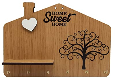 MP CREATIVE SRL Portachiavi da parete in legno MDF, con testo Home Sweet Home, stampa albero della vita e cuore a rilievo bianco con mensola, appendi chiavi da parete 6 ganci, color legno.Idea regalo