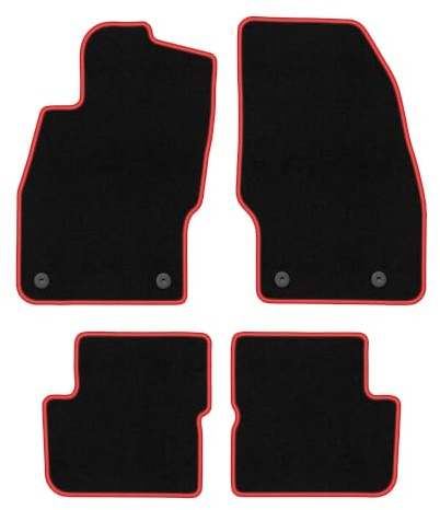 Velours-Fußmatten passend für Opel Corsa D 2006-2015, Schwarz-Rot, CARLUX | passend für Schrägheck; Velours-Teppich (Polypropylen), ca. 6,5 mm; rutschfest, vormontierte Befestigungen (Typ OP)