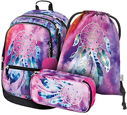Baagl Schulrucksack Set 3 Teilig, Schultasche für Grundschule Volksschule, Grundschule Ranzen mit Brustgurt, Ergonomischer Schulranzen (Traumfänger)