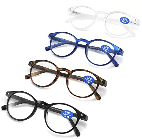 AIKLLY Reading Glasses Blue Light Blocking - Spring Hinges Round Eyeglasses for Men Women,4 Pairs Mix Color Anti Glare Filter Lightweight Readers (4 Pairs Mix Color, 1.50)