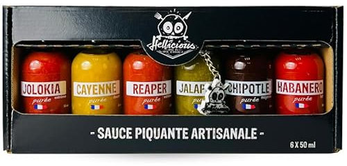 Coffret purée de piment Hellicious - 6 bouteilles de 50 ml - SAUCES FRANÇAISES - pour découvrir les différents piments et leur saveurs tout en montant graduellement en puissance