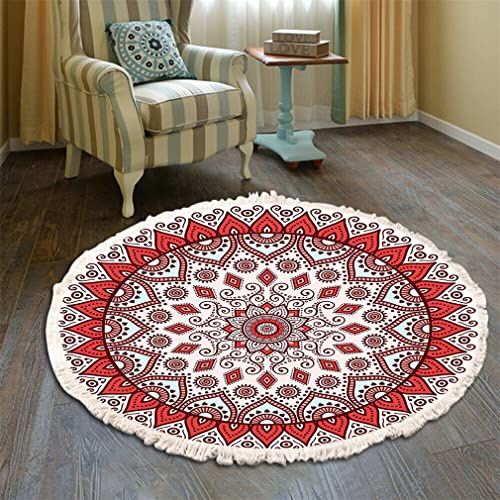 Bohemian Teppich Rund - Mandala Muster Mit Quasten, Waschbarer Baumwolle Für Wohnzimmer Und Schlafzimmer (150cm, Rot)