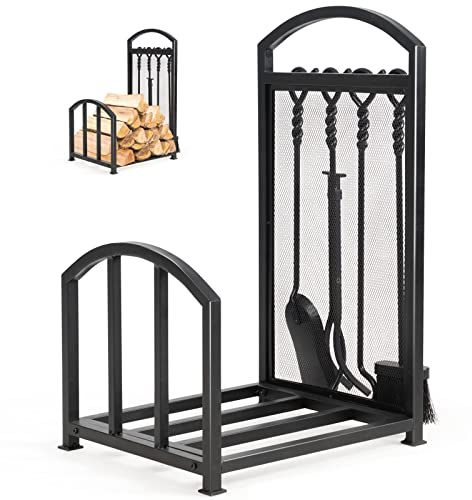 GYMAX Kaminholzregal mit 4-teilig Besteck Schaufel, Besen, Zange & Schürhaken, Kaminholzständer 43,5 x 39,5 x 69,5 cm, Brennholzregal Kaminwerkzeug für Kamin & Ofen