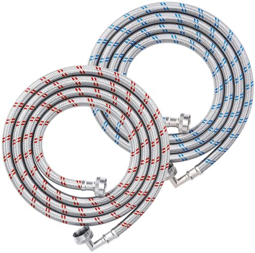 TICONN 10FT Washing Machine Hoses Set, 2 Pack EPDM Core Braided Stainless Steel Burst-Proof Washer Hoses with 90 Degree Elbow, 3/4 FHT Standard Thread (10ft)