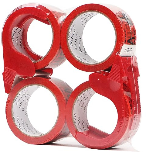 QILIMA Paketklebeband Vorsicht Glas mit Plastik Abroller, Paketband für Zerbrechliches Paket, 48mm x 66m je rolle, 4 Rollen