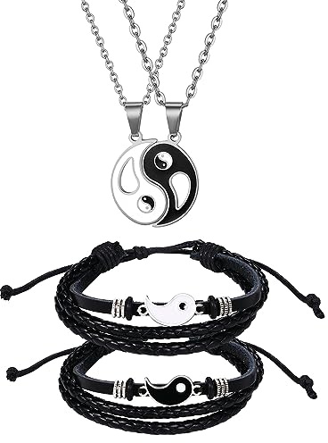 Aroncent 2er Unisex Armband Halskette Set Freundschaftarmband Panzerarmband Lederarmband Halsschmuck mit Anhänger
