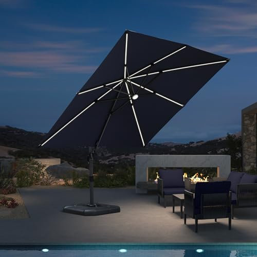 PURPLE LEAF 3 X 3 M Garden Cantilever Parasol, LED Square Patio Umbrella with Crank Handle and Tilt for Balcony and Outdoor, Navy BLue