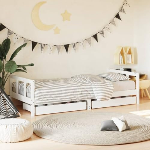 Festnight Kinderbett mit Schubladen Hausbett 90x200cm, Holzbett mit Lattenrost & Rausfallschutz für Kinder und Jugend, Weiß ohne Matraze