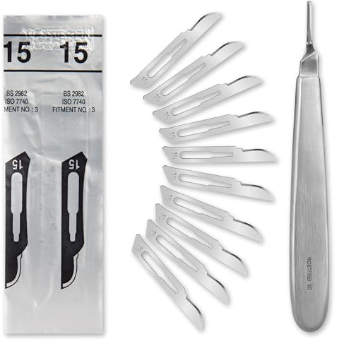 Set - 50 Stück sterile Skalpellklingen Figur 15 aus Karbonstahl - Ersatzklingen + 1 x Shehadeh - Skalpell-Halter mit 13,5 cm langem und bauchigen Griff - Edelstahl