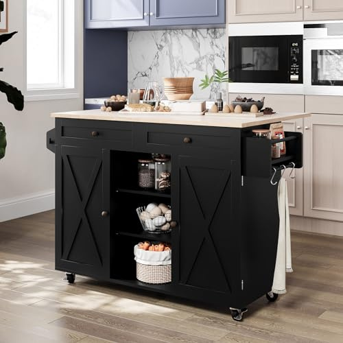 HOLTICO Kitchen Island on Wheels, Black Rolling Kitchen Island BreakfastBar | Storage Kitchen Trolley with Drop Leaf